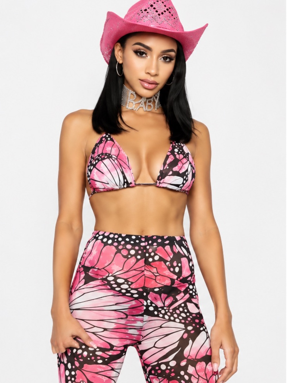 Dolls Kill Pink Butterfly Print Crop Top & High-Waist Pants Set